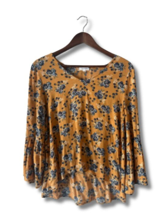Eyeshadow Tops - Mustard Floral Boho Blouse Large Flowy Cottagecore Fall Top Eye Shadow